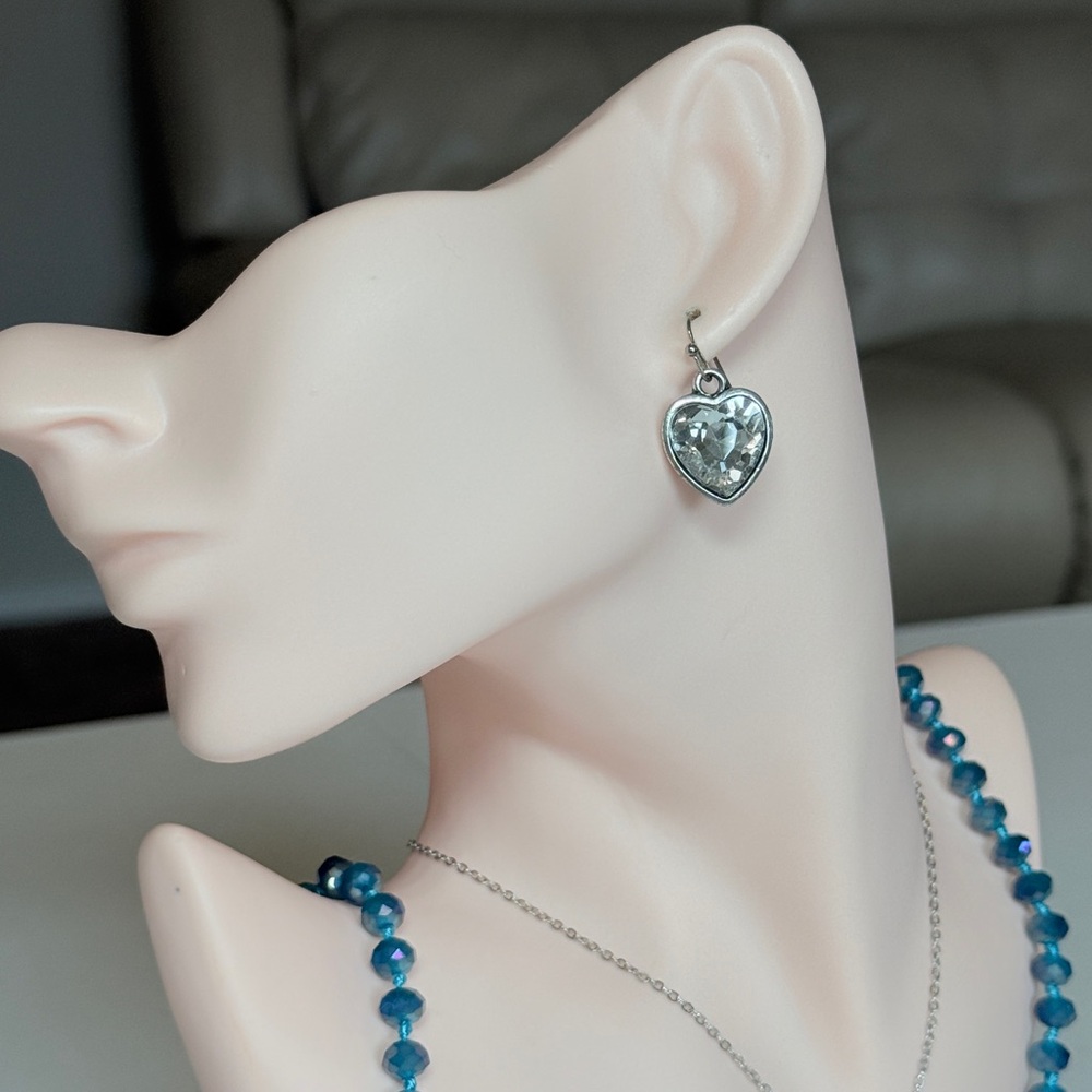 Silver Heart Drop Earrings with Clear Crystal